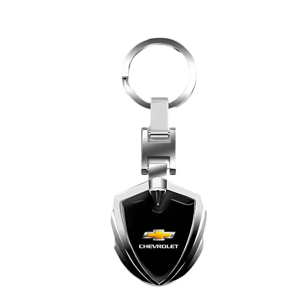 Silver and black Chevrolet metal shield car keychain with glossy finish and durable metal construction