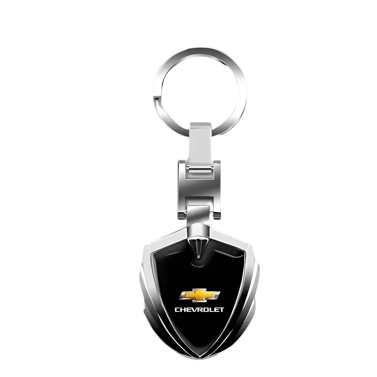 Silver and black Chevrolet metal shield car keychain with glossy finish and durable metal construction