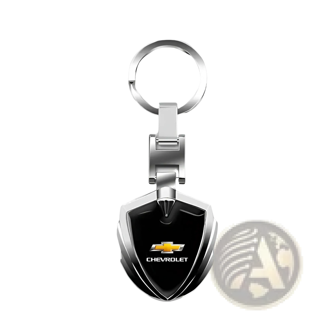 Silver and black Chevrolet metal shield car keychain with glossy finish and durable metal construction