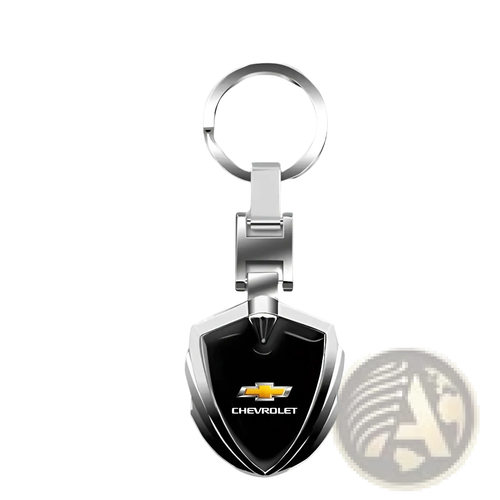 Silver and black Chevrolet metal shield car keychain with glossy finish and durable metal construction