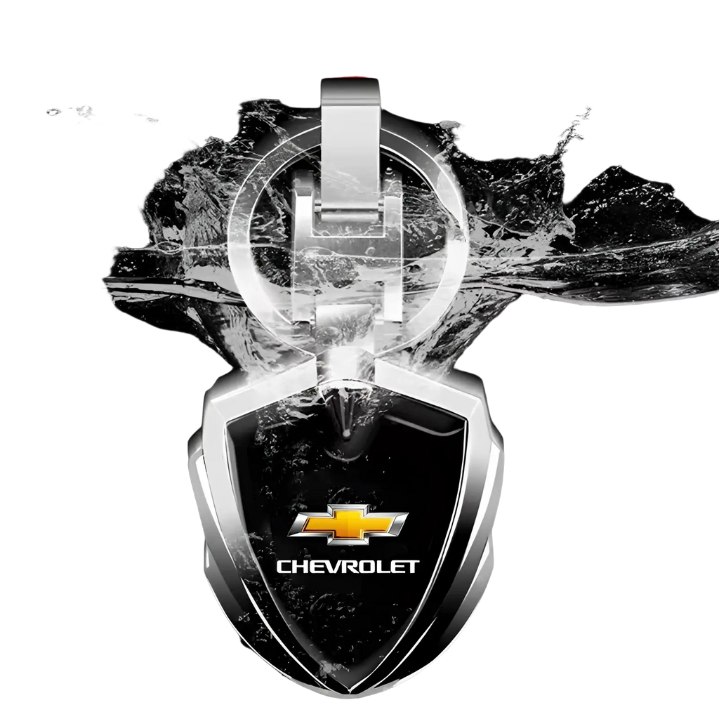 Silver chevrolet metal shield car keychain with glossy metallic finish and shield-shaped design for car keys