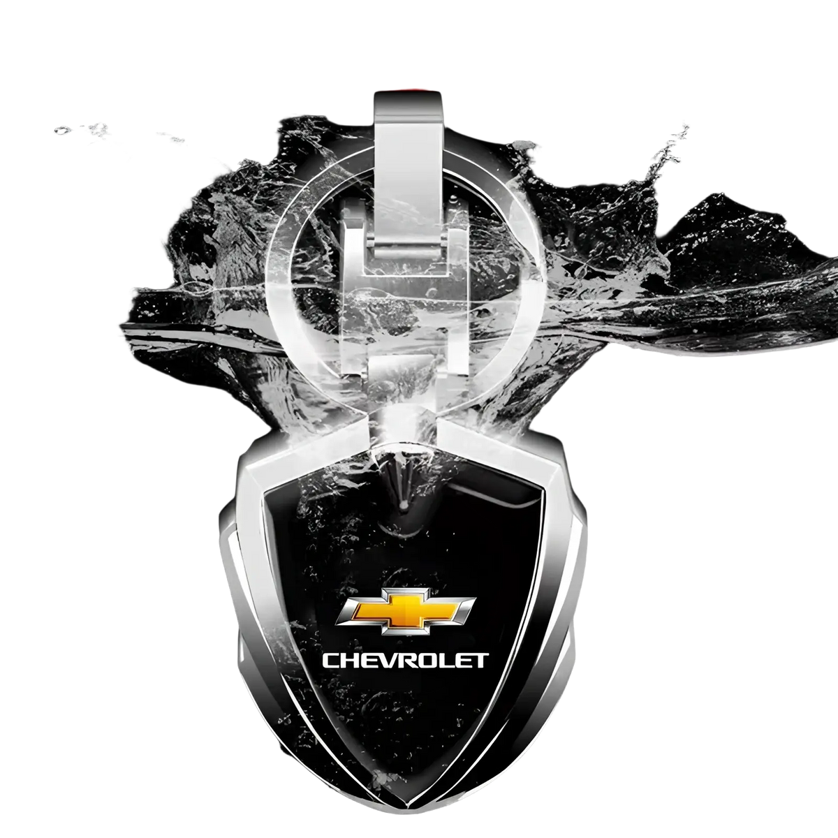 Silver chevrolet metal shield car keychain with glossy metallic finish and shield-shaped design for car keys