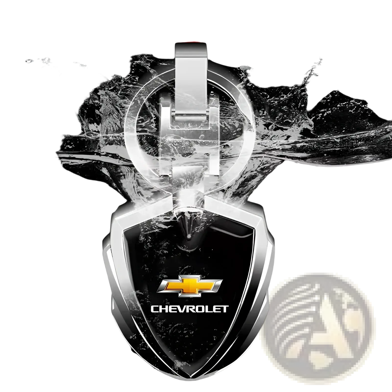 Silver chevrolet metal shield car keychain with glossy metallic finish and shield-shaped design for car keys
