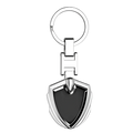 Silver shield-shaped Chevrolet metal car keychain with black inlay and polished metallic finish