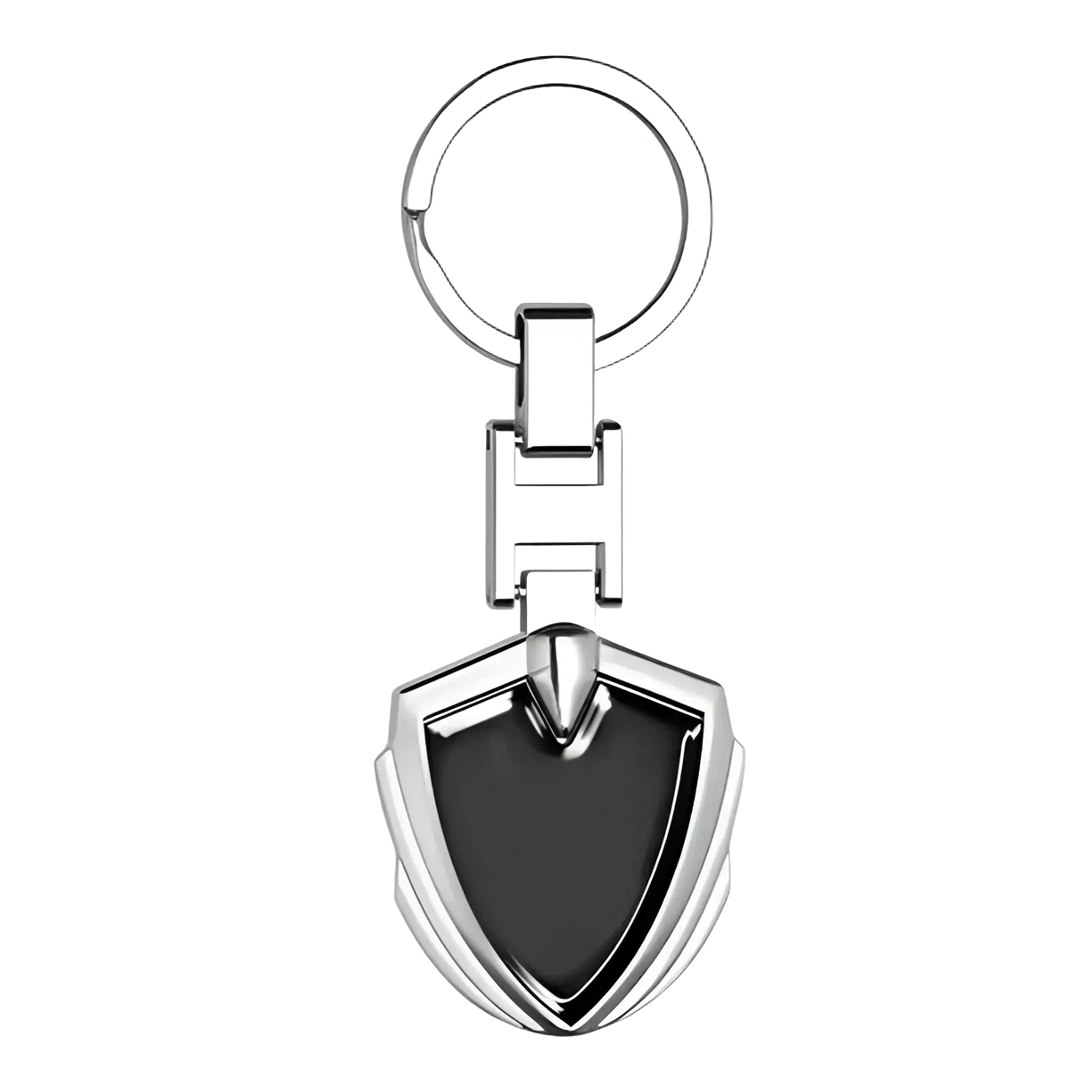 Silver shield-shaped Chevrolet metal car keychain with black inlay and polished metallic finish
