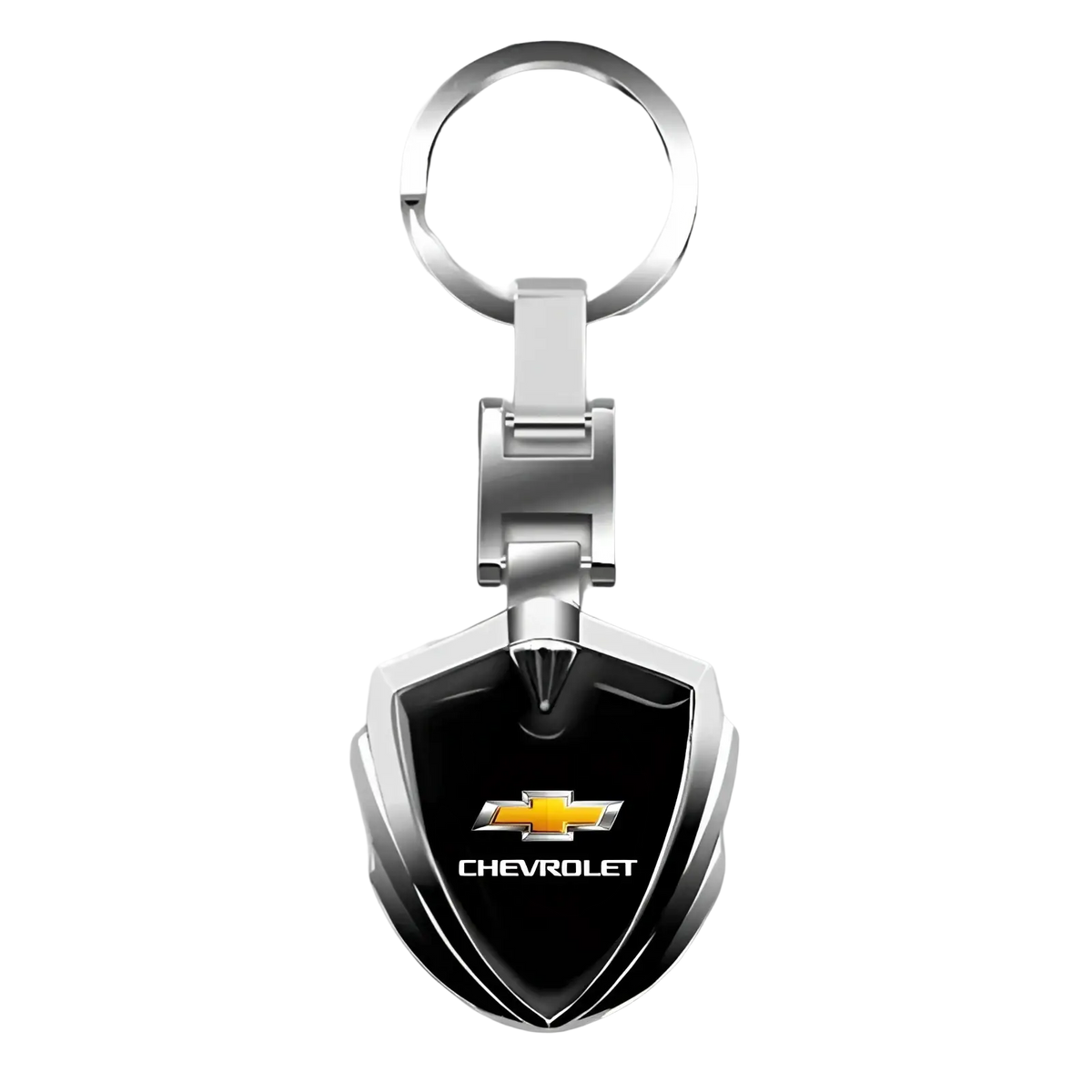 Silver metal shield-shaped Chevrolet car keychain with black center, gold logo, and white Chevrolet text