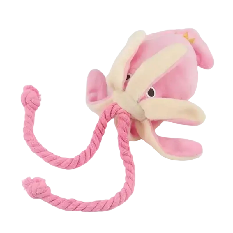 Pink plush octopus chew toy with cream-colored tentacles and braided pink rope tail for dogs