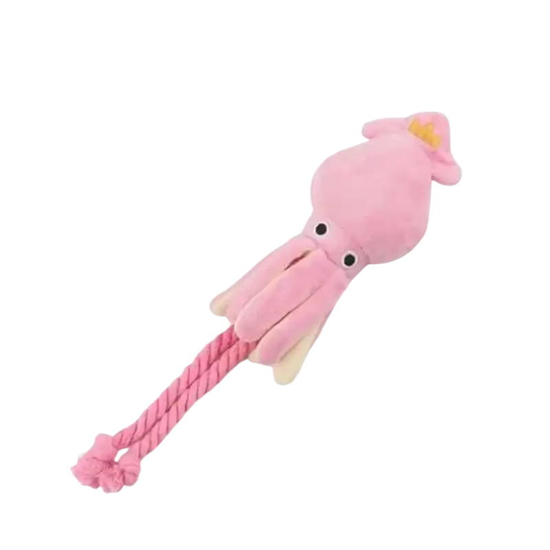 Pink plush octopus chew toy with braided rope tail and black button eyes designed as a sound plush dog toy
