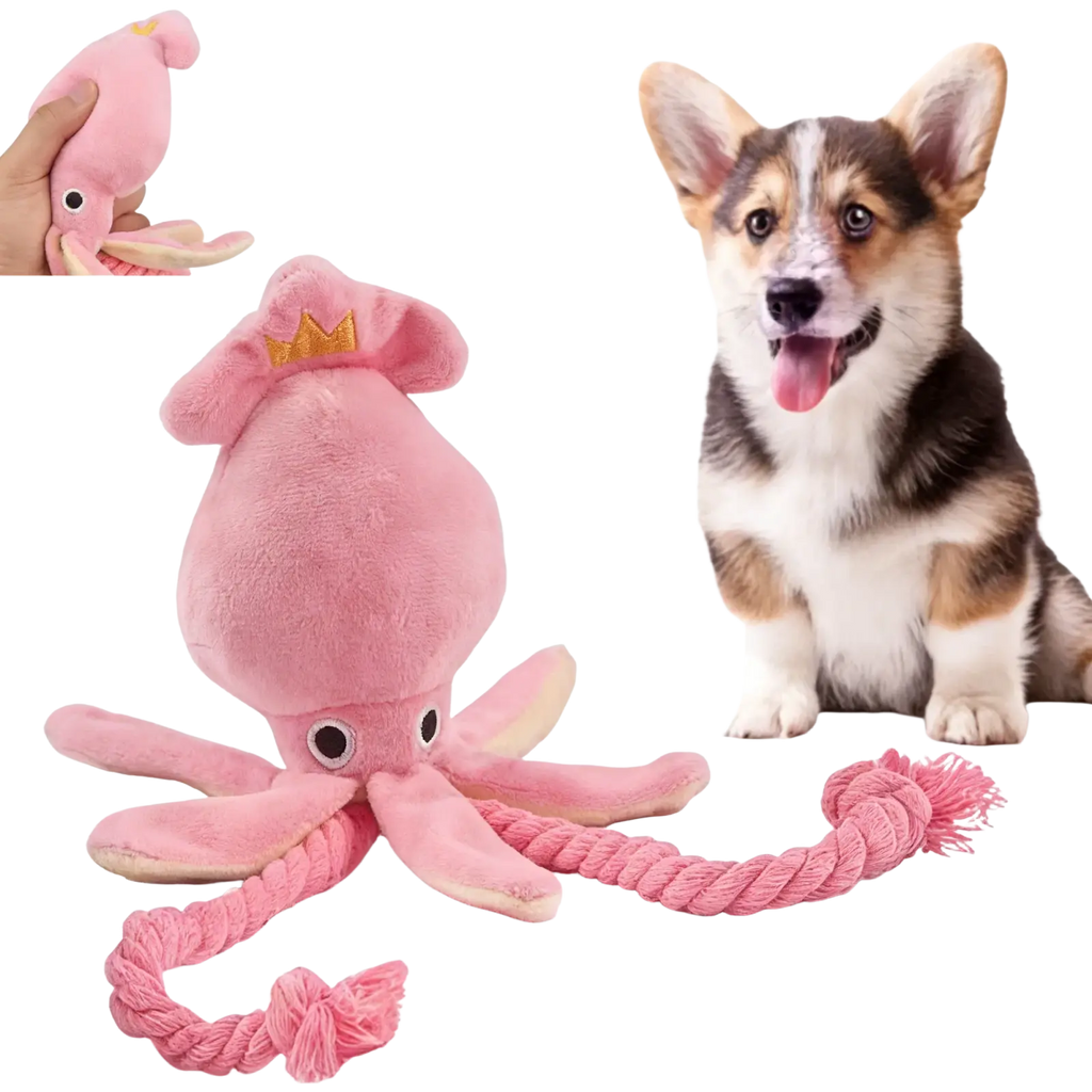 Pink plush octopus chew toy with crown rope tail and sound feature designed as durable dog chew toy