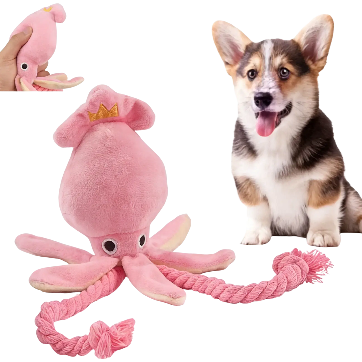 Pink plush octopus chew toy with crown rope tail and sound feature designed as durable dog chew toy