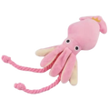 Pink plush octopus chew toy with soft fabric body rope tail and crown designed as a chew toy for dogs