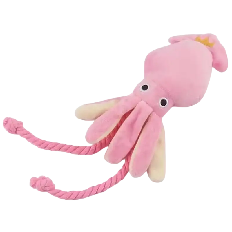 Pink plush octopus chew toy with soft fabric body rope tail and crown designed as a chew toy for dogs