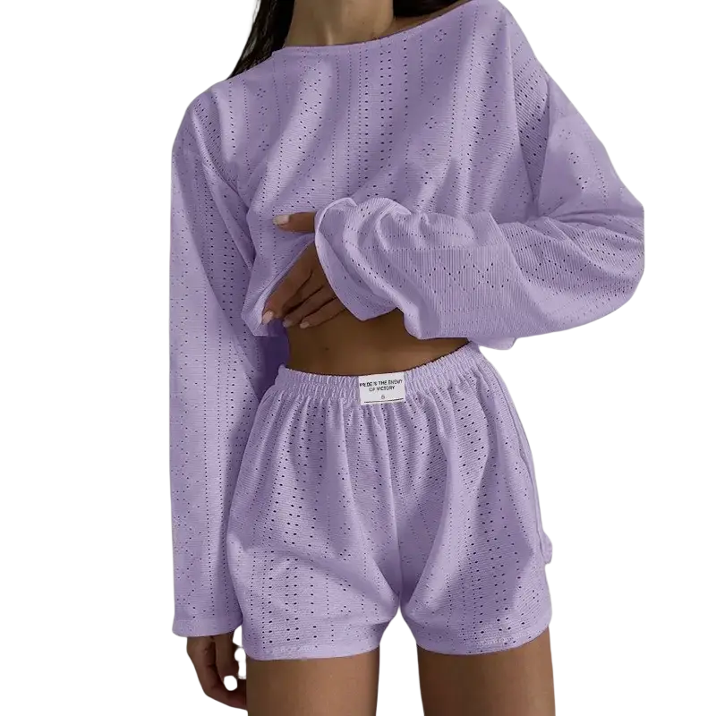 Lavender chic pajama set featuring perforated knit fabric and breathable high split shorts for comfortable wear