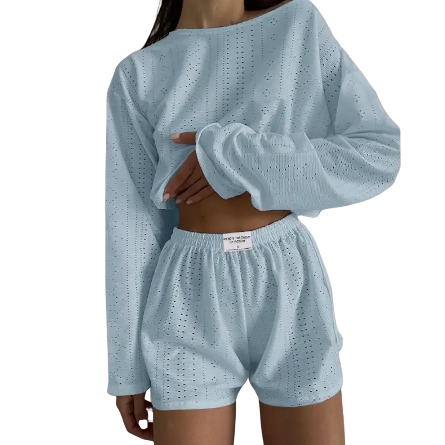 Light blue eyelet long sleeve crop top and split shorts breathable chic pajama set with high split shorts