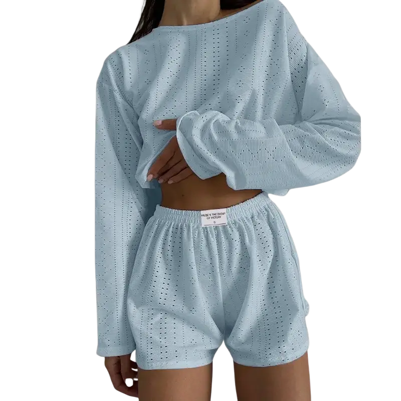 Light blue eyelet knit chic pajama set with long sleeves elastic waistband and breathable high split shorts