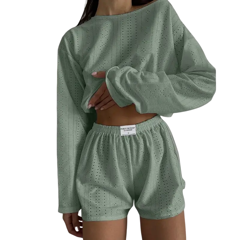 Mint green eyelet knit chic pajama set featuring breathable high split shorts for comfortable loungewear
