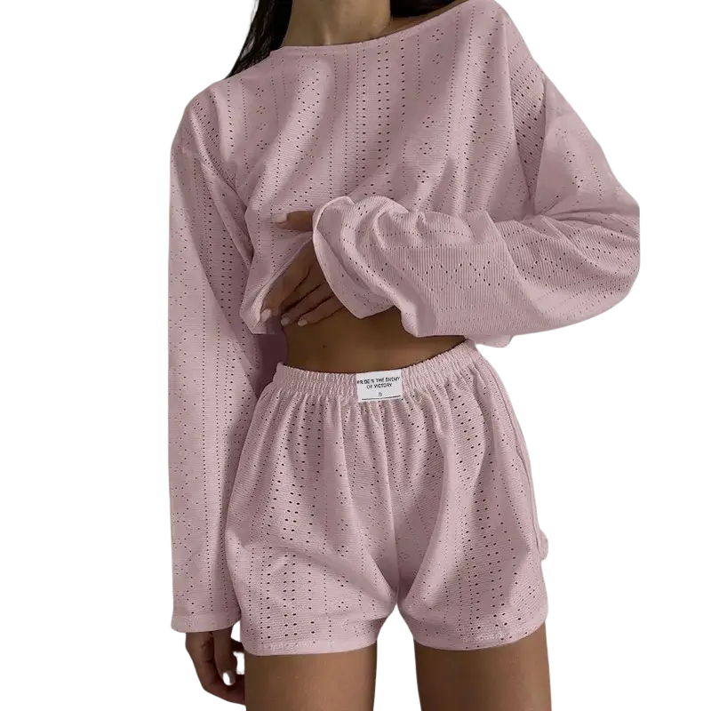 Pink eyelet knit chic pajama set with breathable high split shorts ideal for comfortable stylish loungewear