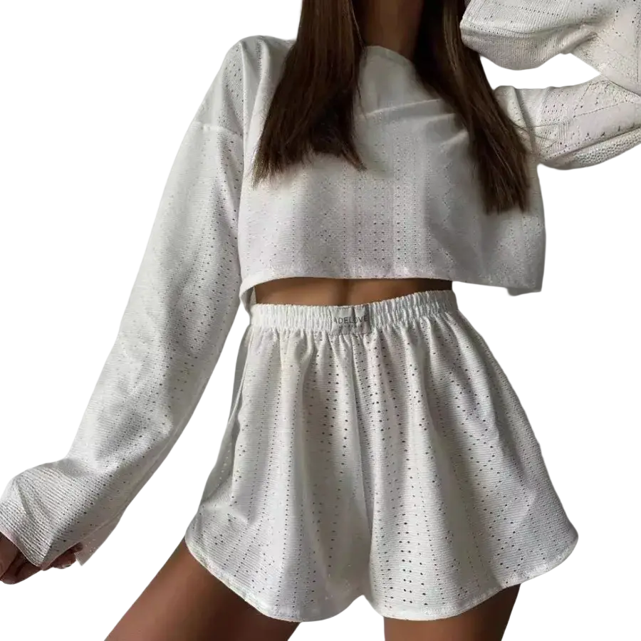 White eyelet crochet chic pajama set with breathable high split shorts featuring elegant lace detailing