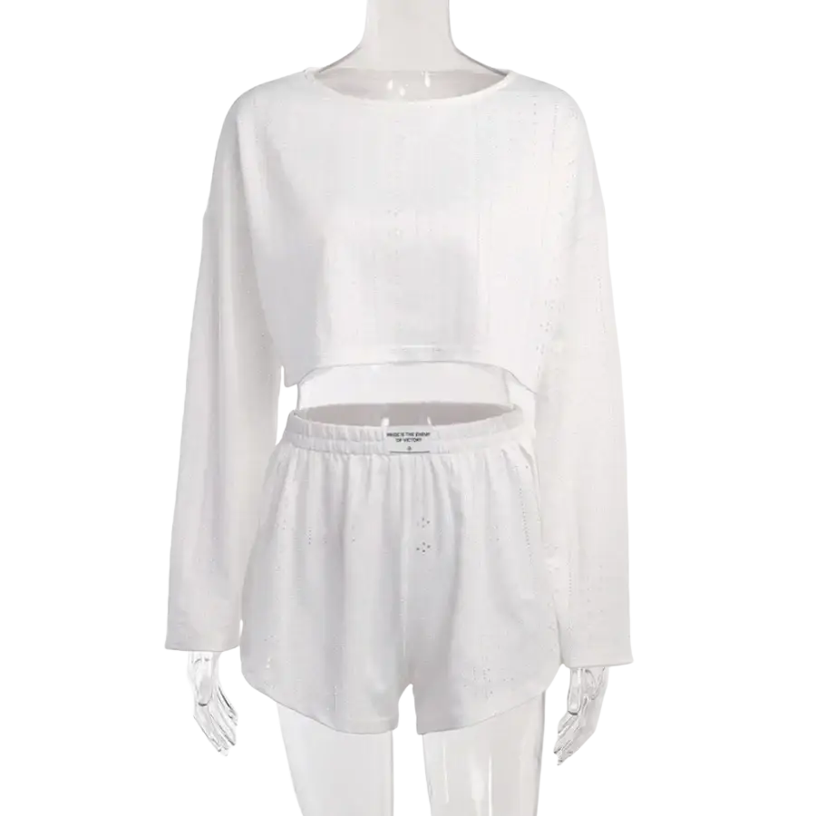White long-sleeved crop top with eyelet detailing and matching split shorts chic pajama set breathable design