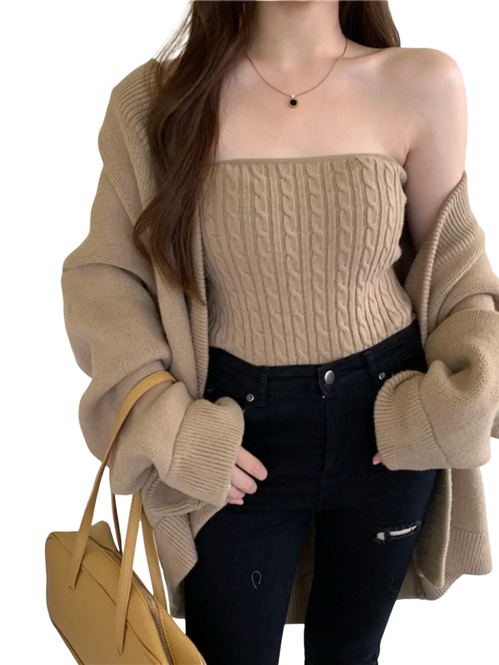 Beige cable-knit strapless top with ribbed texture and fitted silhouette from chic retro wrap chest knit two piece set