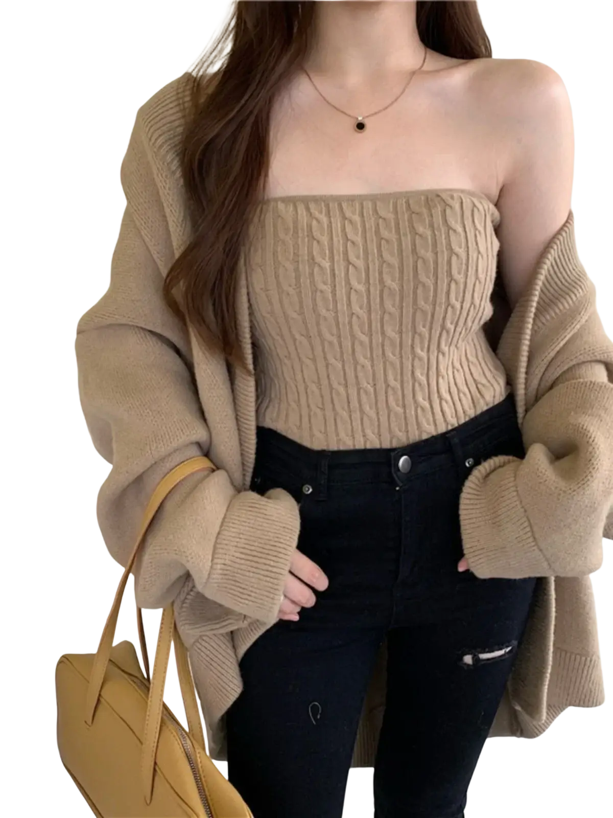 Beige cable-knit strapless top with ribbed texture and fitted silhouette from chic retro wrap chest knit two piece set
