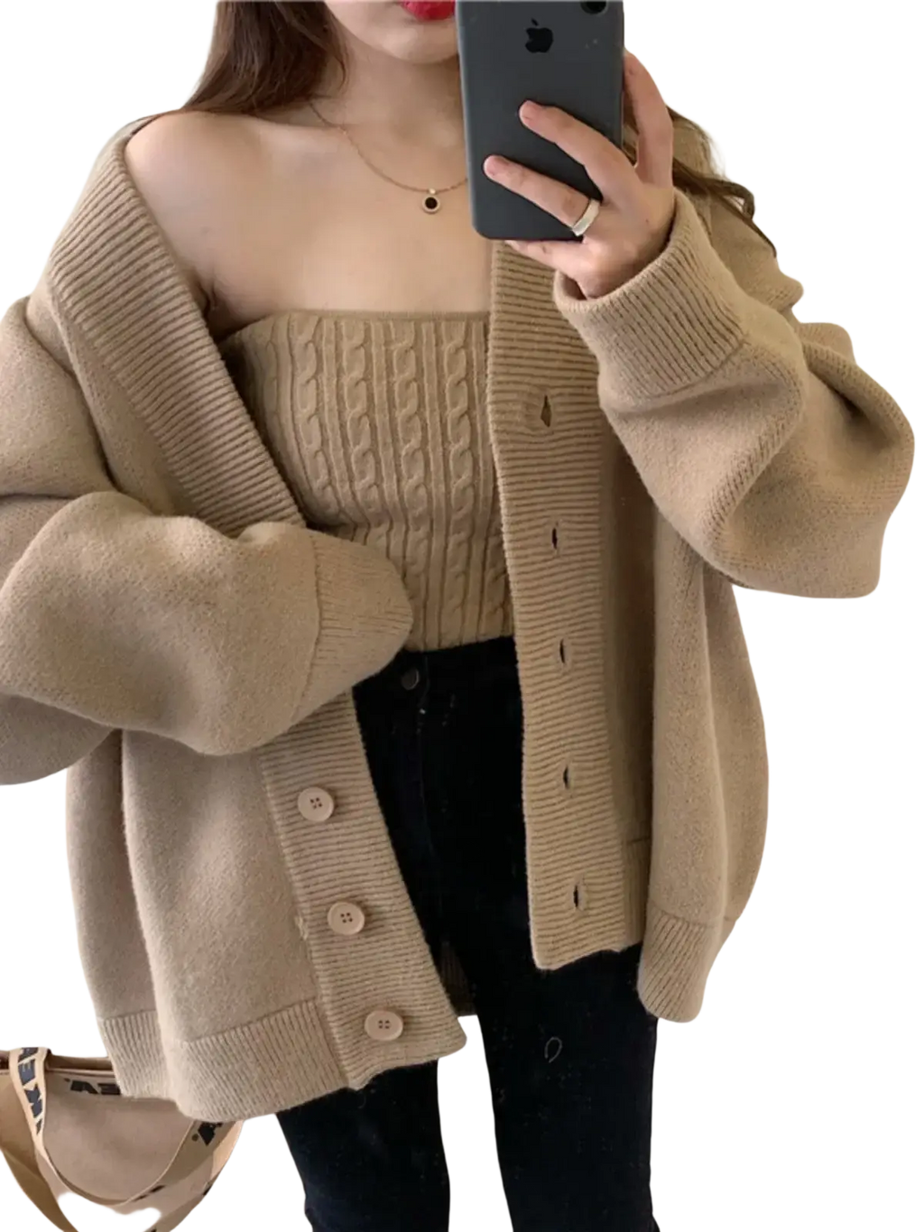 Beige oversized knit cardigan with cable knit detailing and matching buttons in a chic retro wrap chest two piece set
