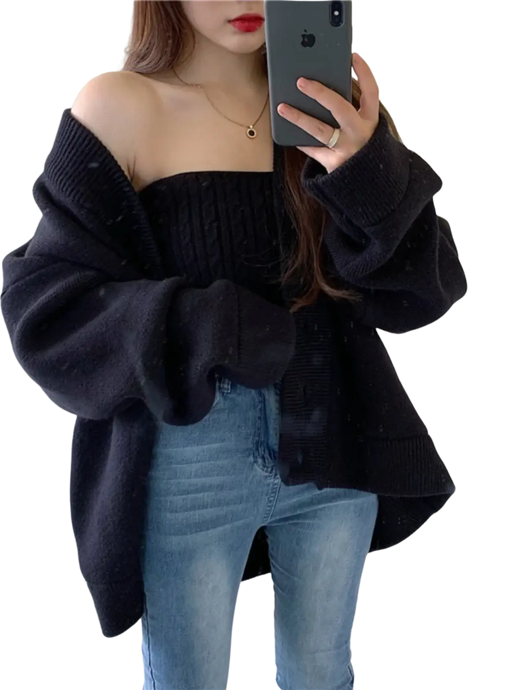 Black off-the-shoulder knit sweater with ribbed cuffs and loose fit from chic retro wrap chest two piece set