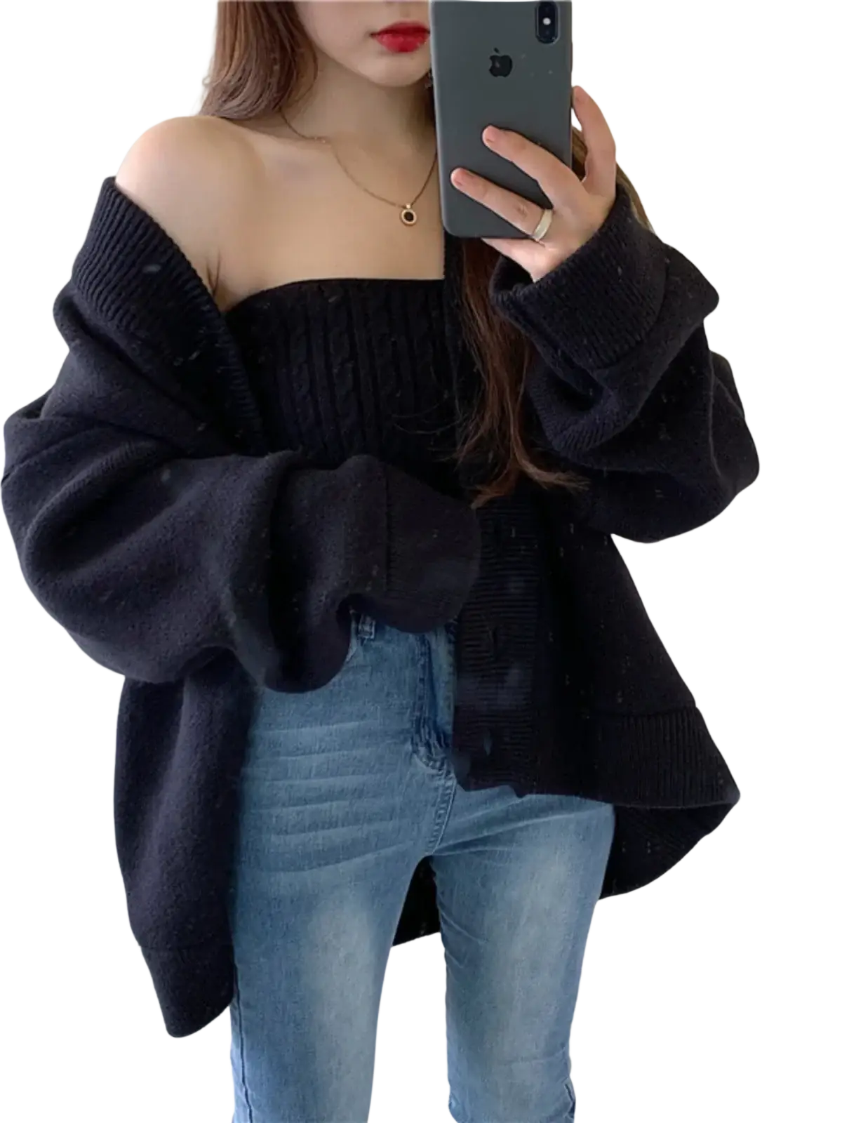 Black off-the-shoulder knit sweater with ribbed cuffs and loose fit from chic retro wrap chest two piece set