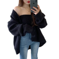 Black off-the-shoulder knit sweater with ribbed texture and oversized fit in chic retro wrap chest two-piece set