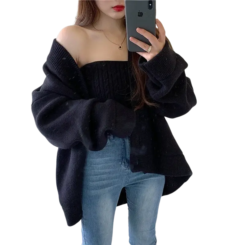 Black off-the-shoulder knit sweater with ribbed texture and oversized fit in chic retro wrap chest two-piece set