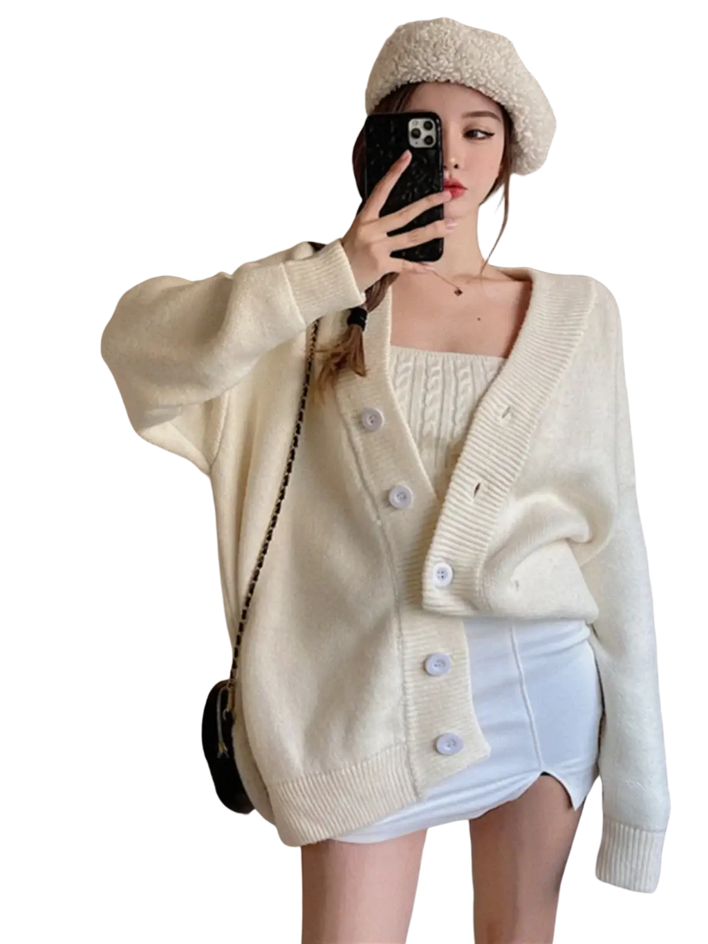 Cream-colored oversized knit cardigan with button closures and ribbed cuffs in a chic retro wrap chest two piece set