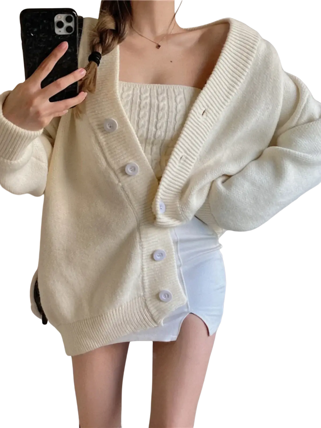 Cream-colored oversized knit cardigan with v-neck and white buttons in a chic retro wrap chest two piece set