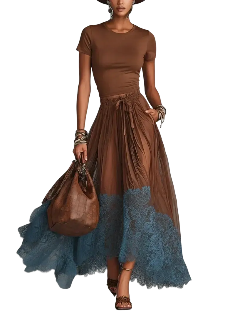 Brown leather handbag with structured shape and decorative metal clasp paired with chic women maxi pieces sets solid brown dress