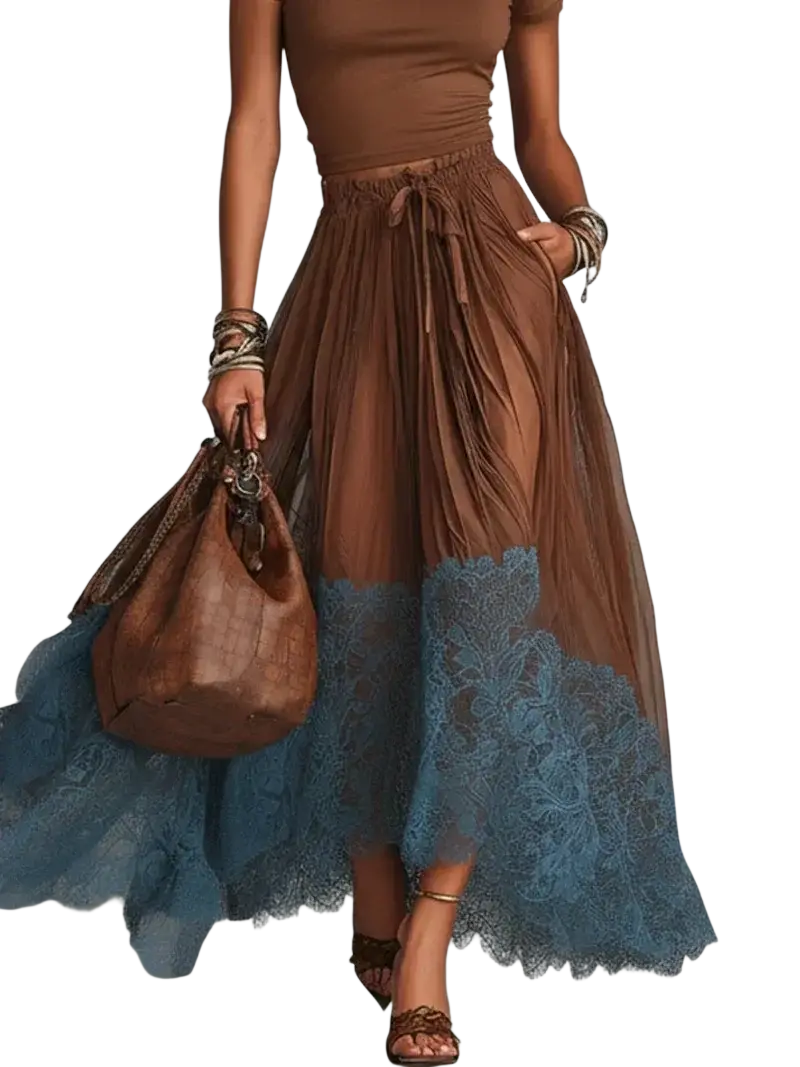 Chic women maxi flowing brown sheer skirt with high waisted elasticated waist and blue lace hem detailing in solid pieces set