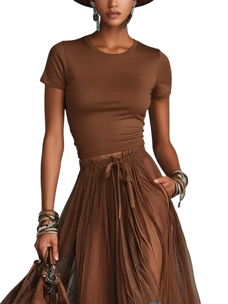 Brown sheer mesh top with short sleeves and round neckline from chic women maxi dress two piece sets solid brown
