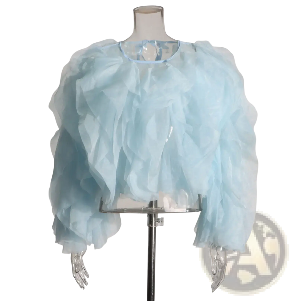 Chicever ruffled mesh blouse plus size in light blue sheer tulle fabric displayed on a clear mannequin