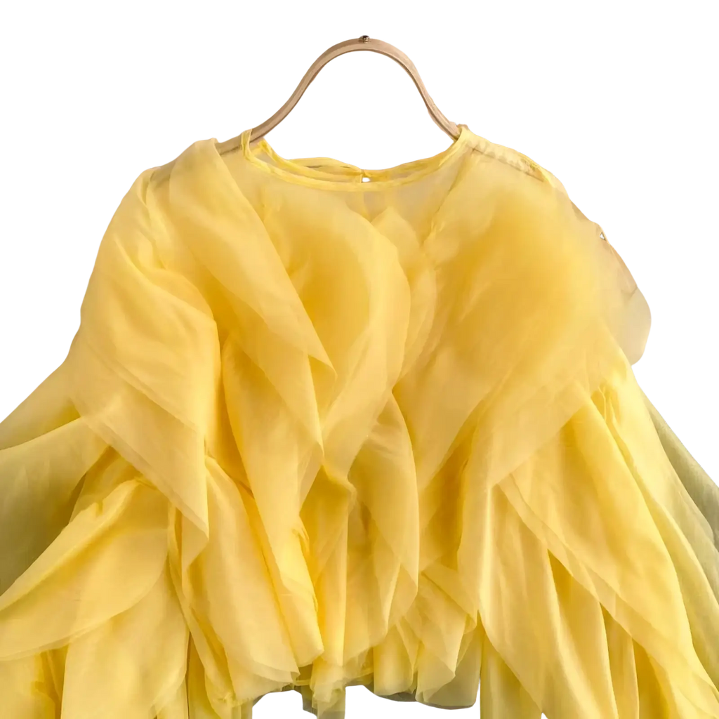 Chicever ruffled mesh blouse plus size in vibrant yellow sheer layered tulle fabric with round neckline