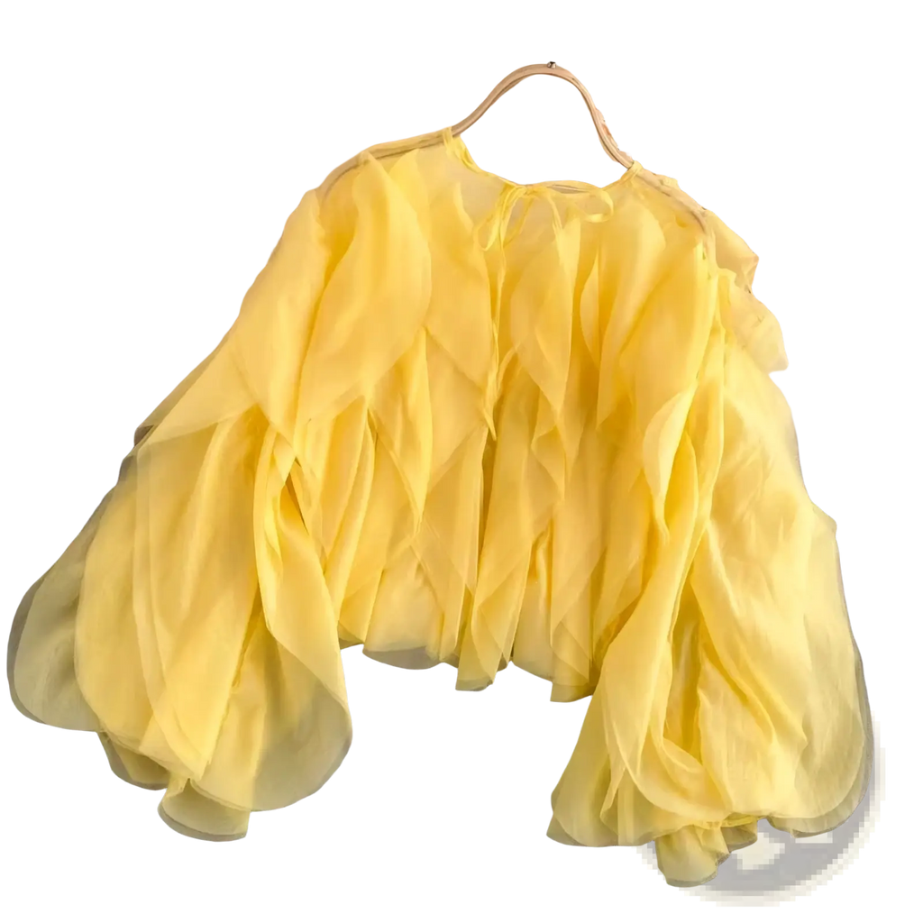 Chicever yellow sheer ruffled mesh blouse plus size with voluminous sleeves hanging on wooden hanger