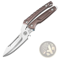 A sleek bronze finished folding chicken bone scissors with stainless steel serrated blade and central slot