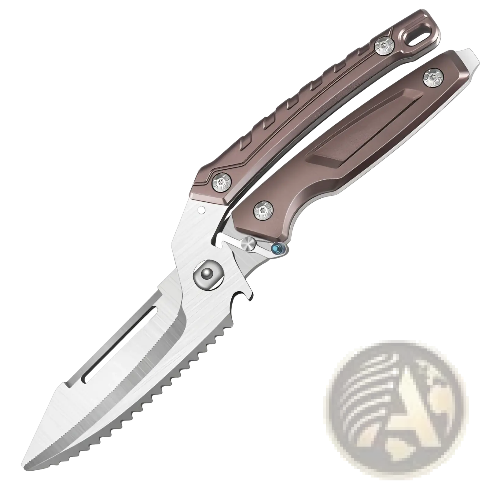 A sleek bronze finished folding chicken bone scissors with stainless steel serrated blade and central slot