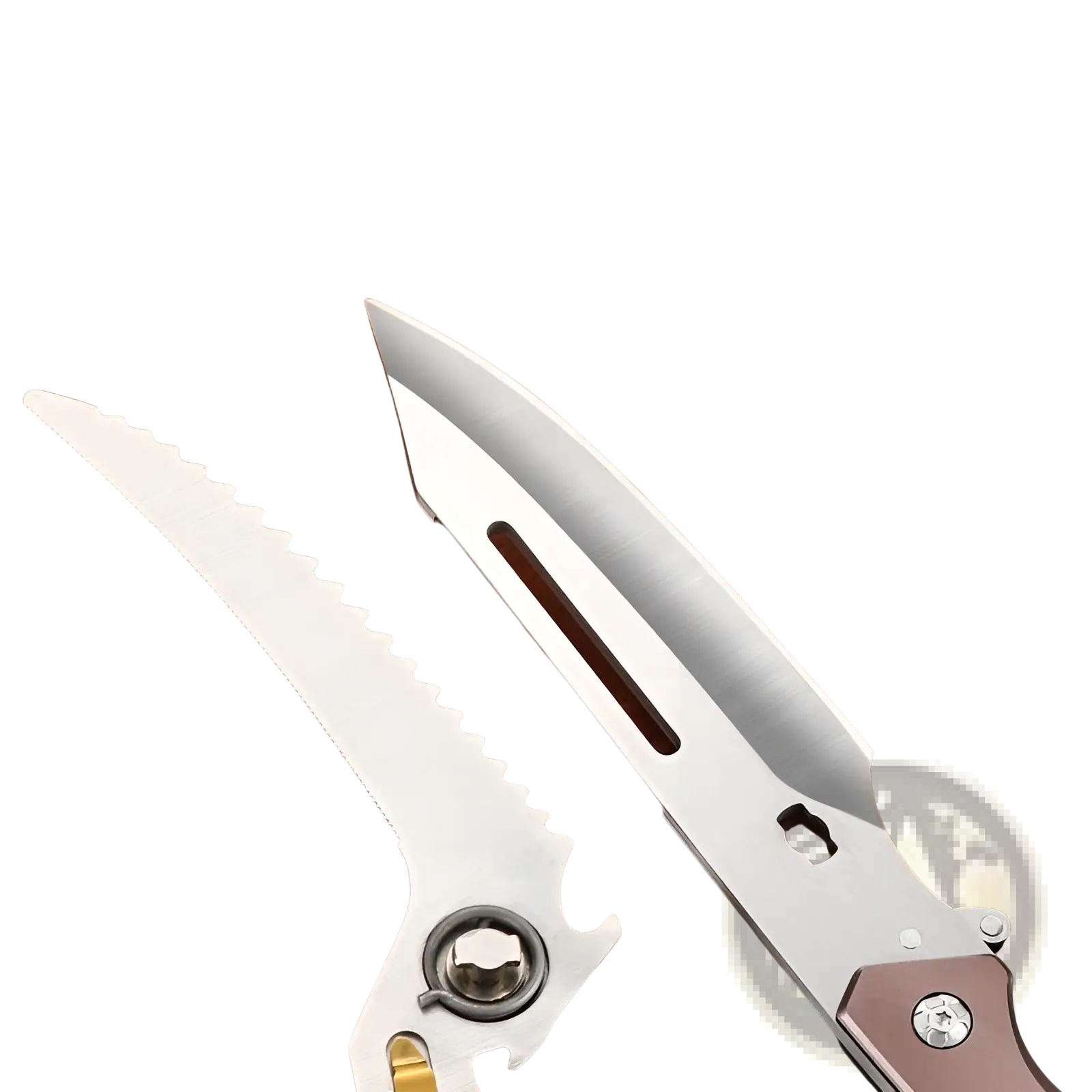 Silver stainless steel chicken bone scissors kitchen shears with serrated knife and scissors and brown handle
