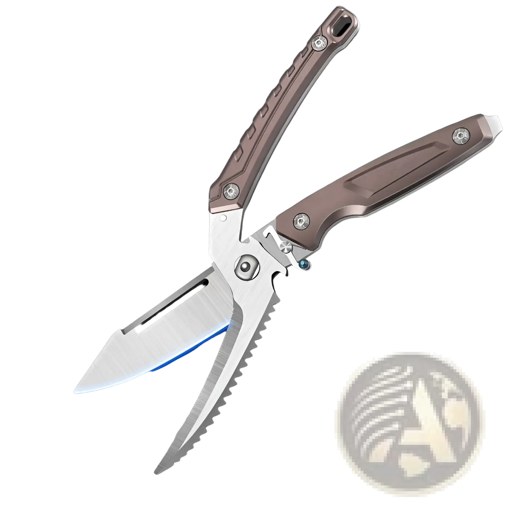 Silver stainless steel chicken bone scissors with textured brown handles and serrated blades for cutting hard bones