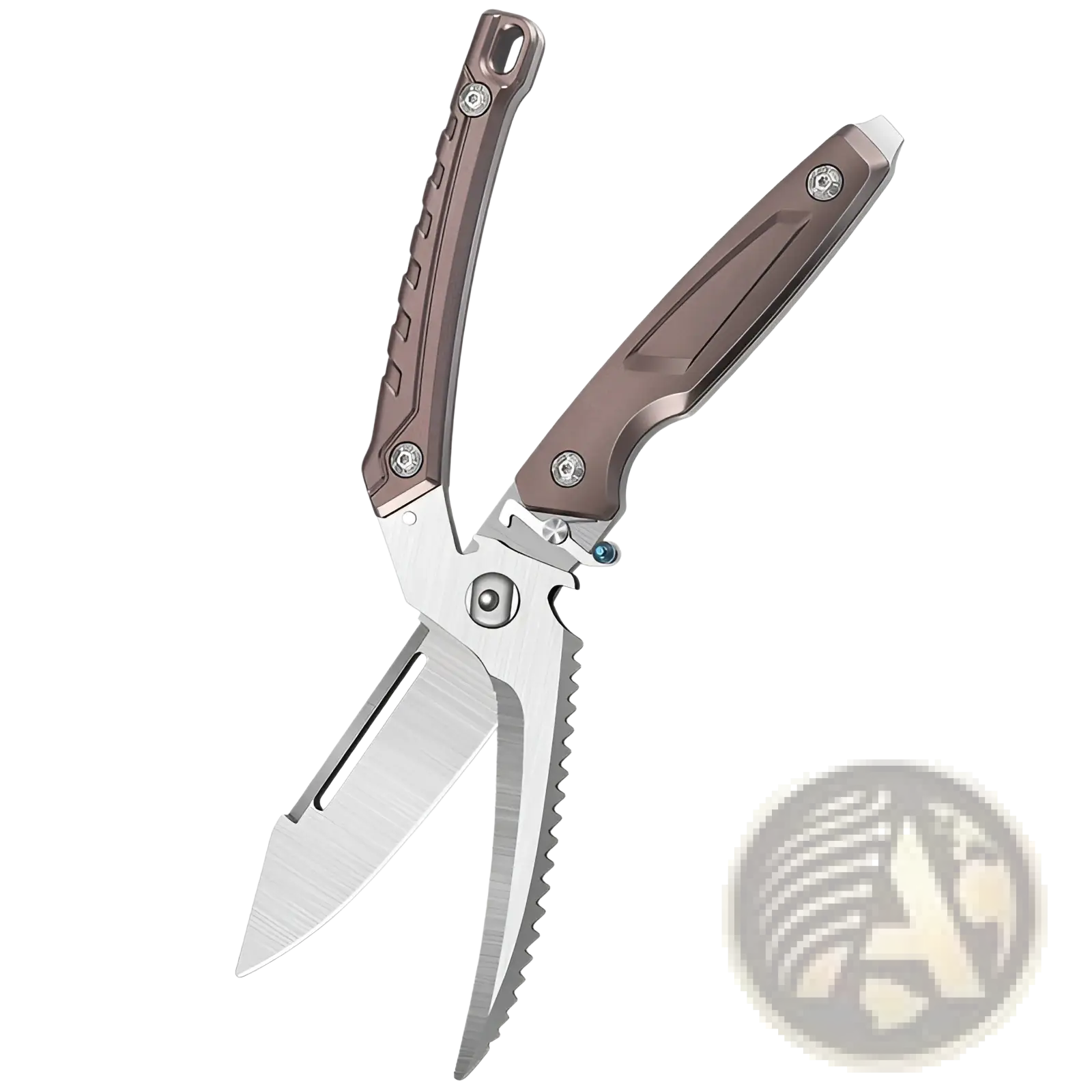 Brown-handled folding chicken bone scissors with stainless steel blades featuring one smooth and one serrated edge