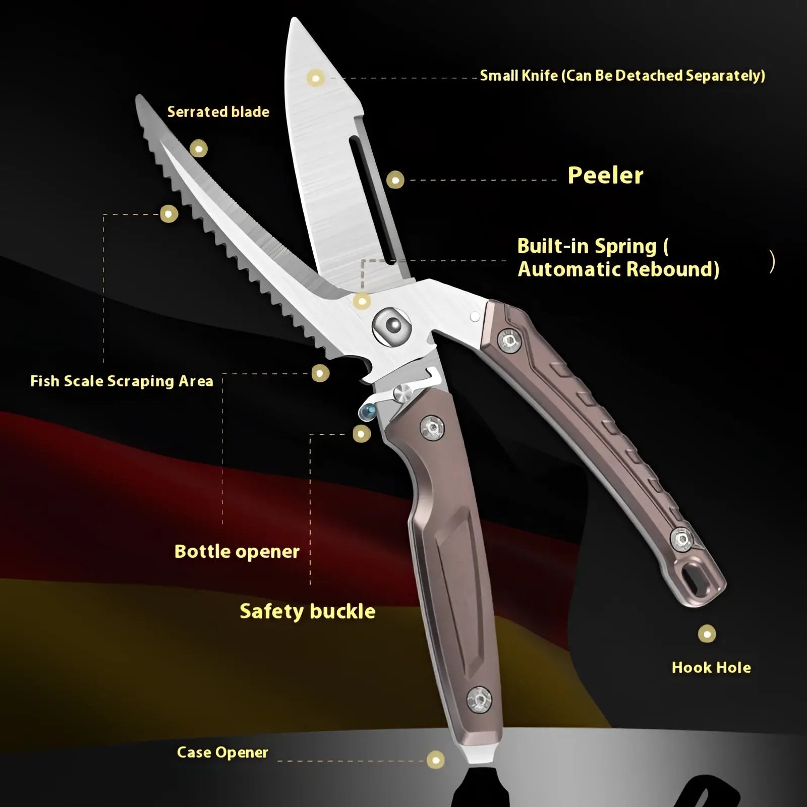 Multi-functional stainless steel chicken bone scissors with serrated blade peeler and bottle opener features