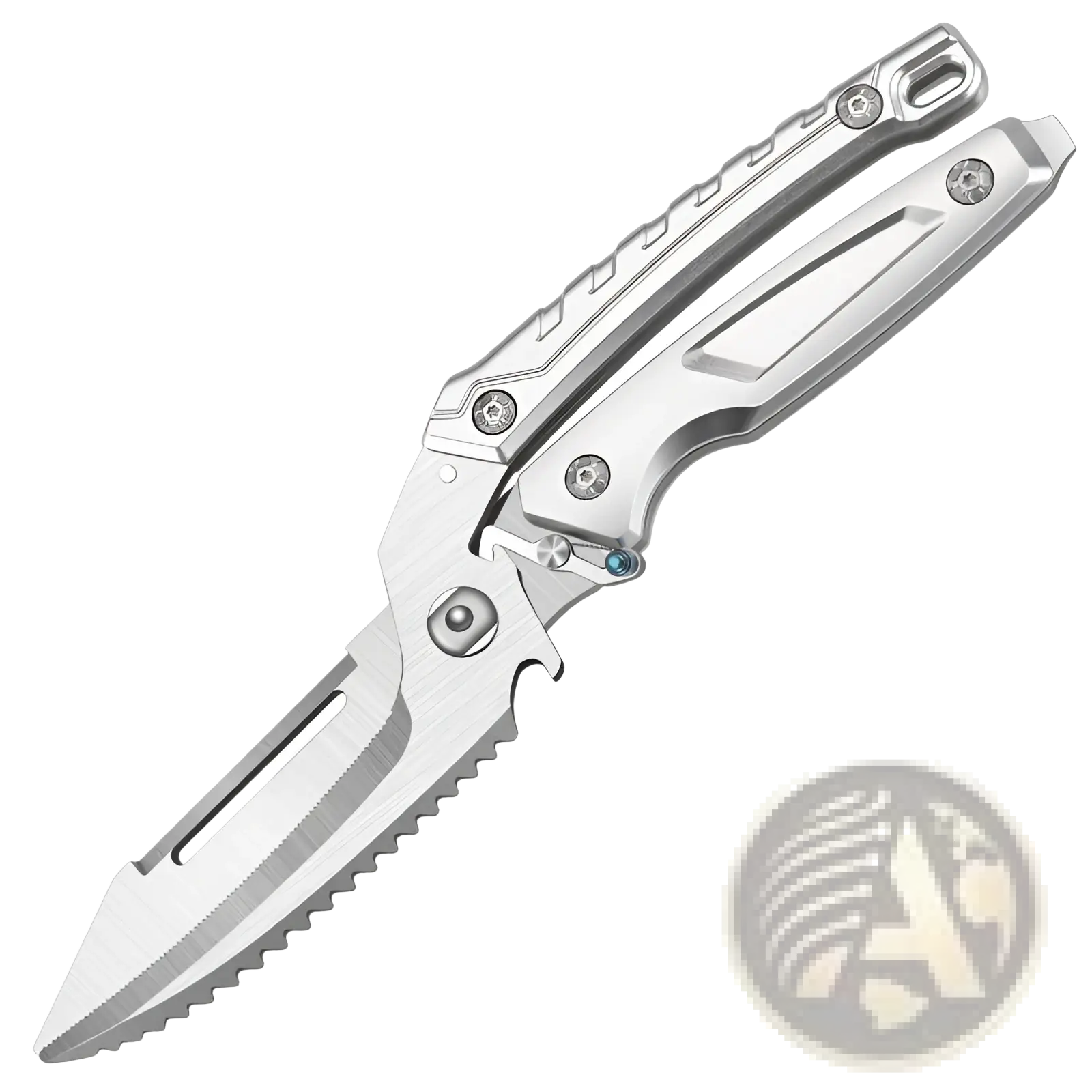 Silver folding knife with serrated blade and textured handle for chicken bone scissors stainless steel kitchen shears