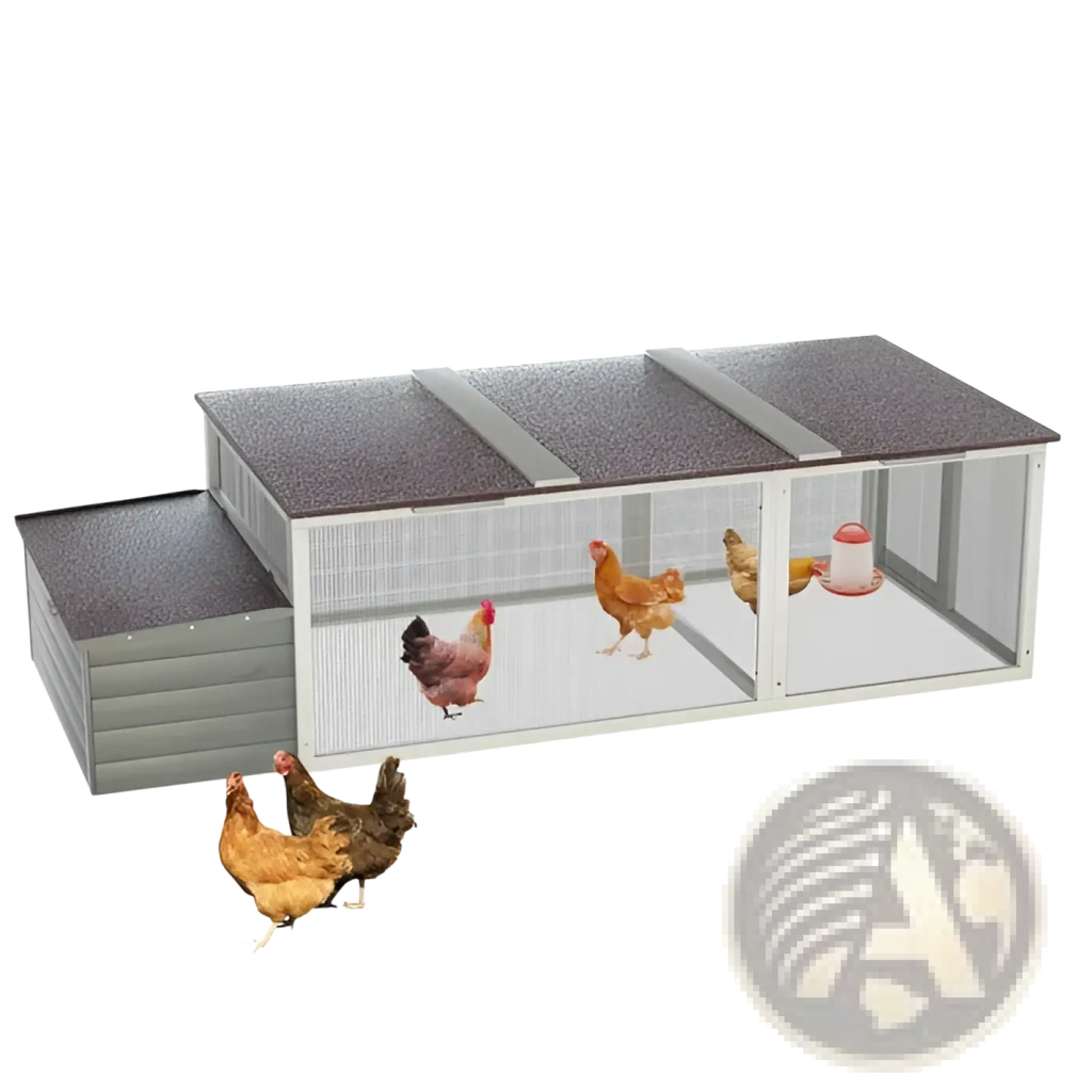Gray and white wire mesh chicken coop with dark gray roof and attached nesting box for walk-in wooden hen house