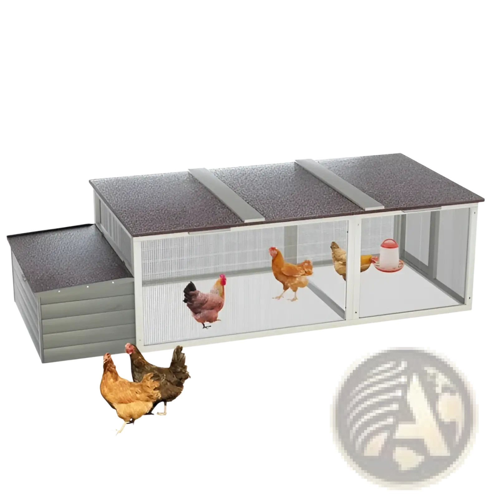 Gray and white wire mesh chicken coop with dark gray roof and attached nesting box for walk-in wooden hen house