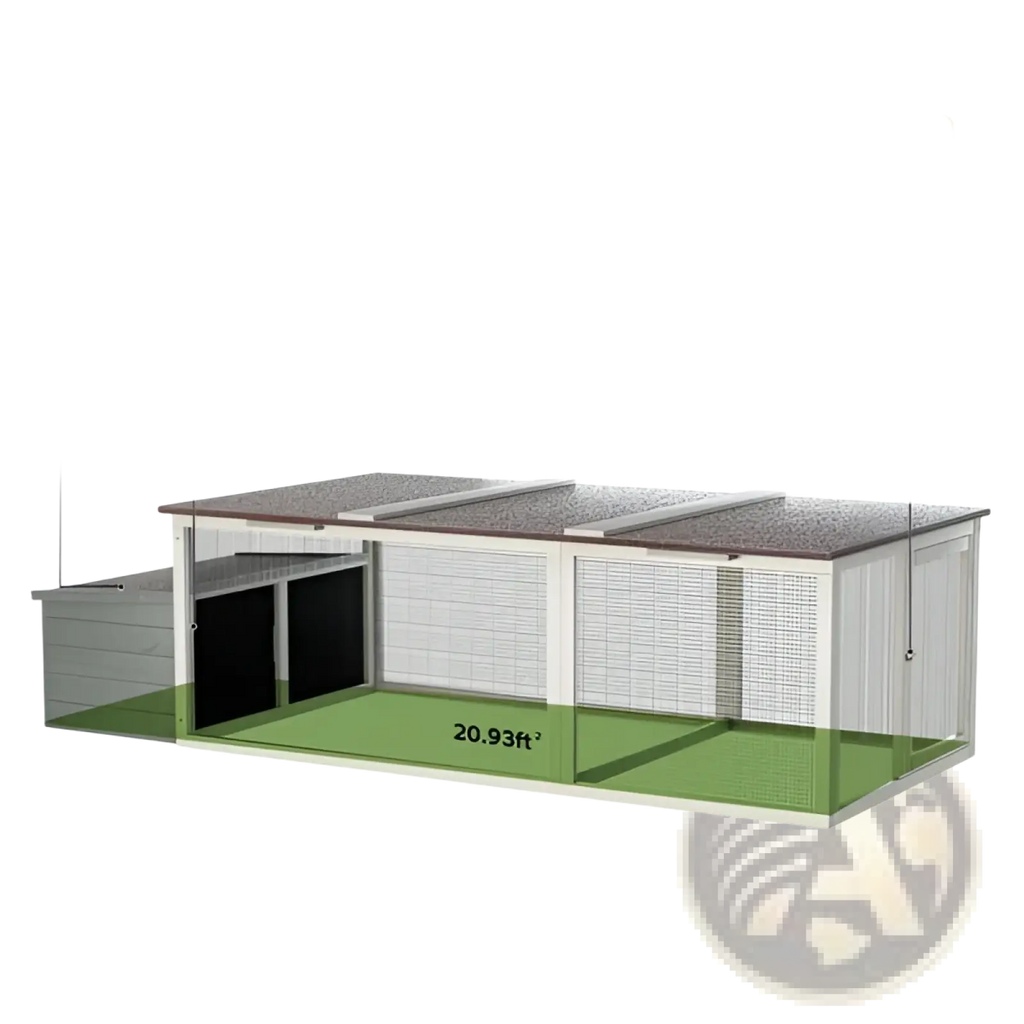 Gray metal chicken coop with wire mesh sides and slanted roof for walk-in wooden hen house with nesting box