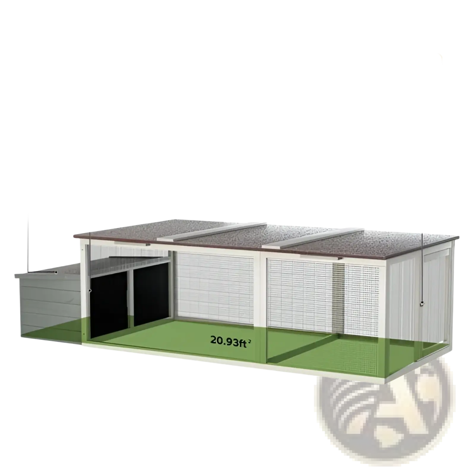 Gray metal chicken coop with wire mesh sides and slanted roof for walk-in wooden hen house with nesting box