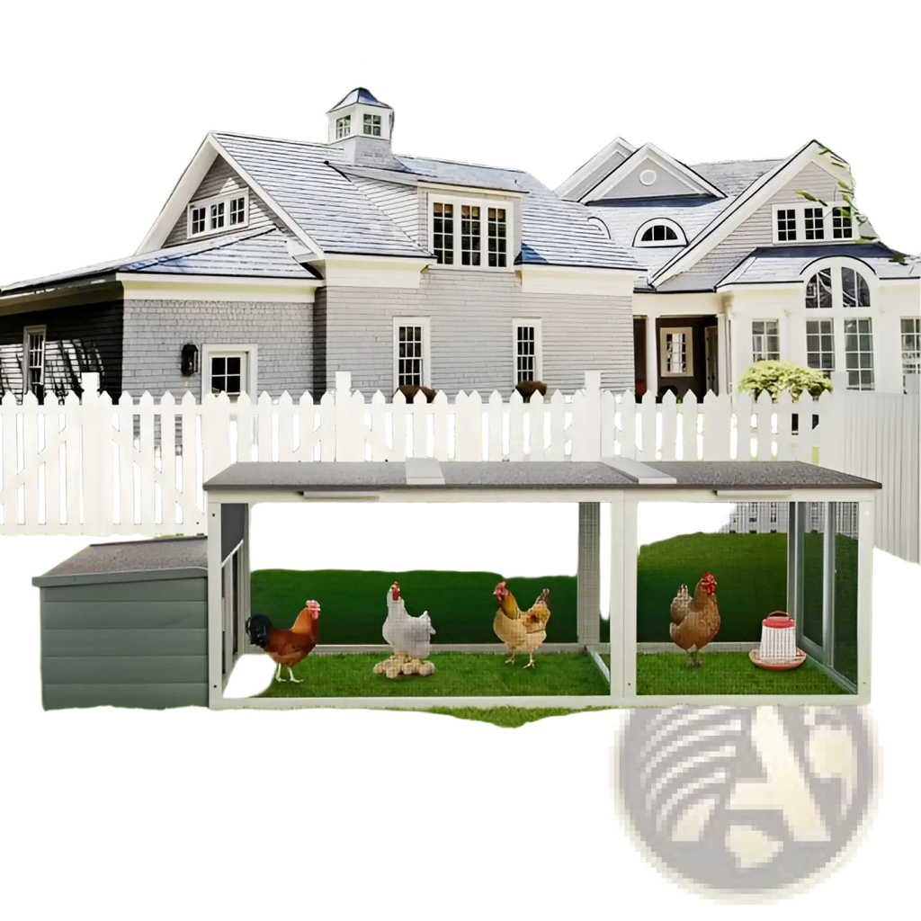 Gray and white walk-in wooden chicken coop with mesh sides roofed sections and separate nesting box for hens